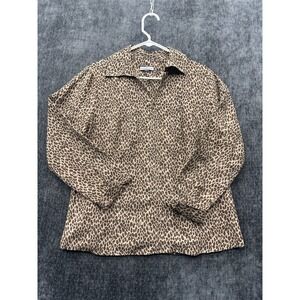 Croft & Barrow Blouse Top Womens Medium Beige Leopard Collared Full Zip Casual